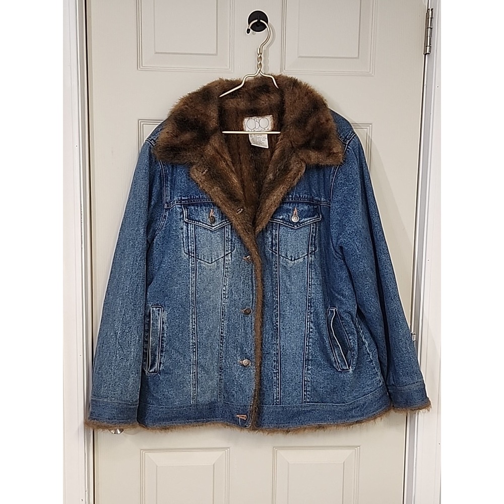 Denim Jacket with Brown Faux Fur Trim - Women’s Coat